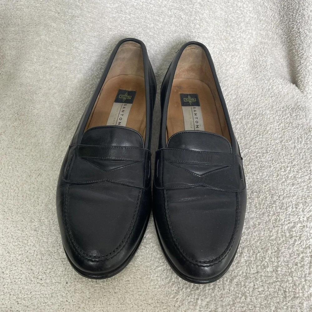 $750 Santoni Solid‎ Black Penny Loafers Leather Shoes Men's Size 10.5 FLAWED
